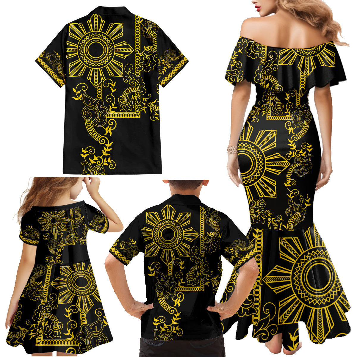 Filipino Sun Tribal Tattoo Family Matching Mermaid Dress and Hawaiian Shirt Philippines Inspired Barong Simple Gold