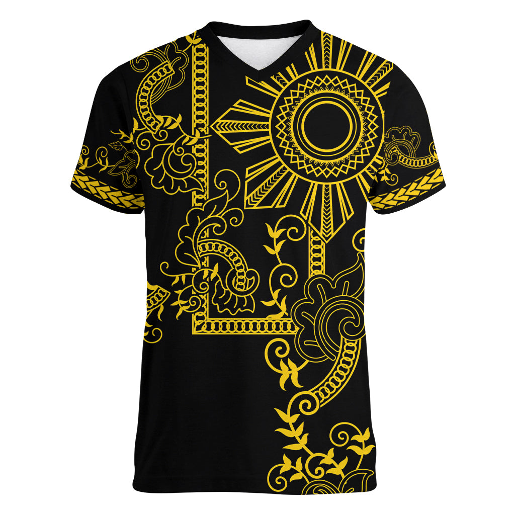 Filipino Sun Tribal Tattoo Women V-Neck T-Shirt Philippines Inspired Barong Simple Gold