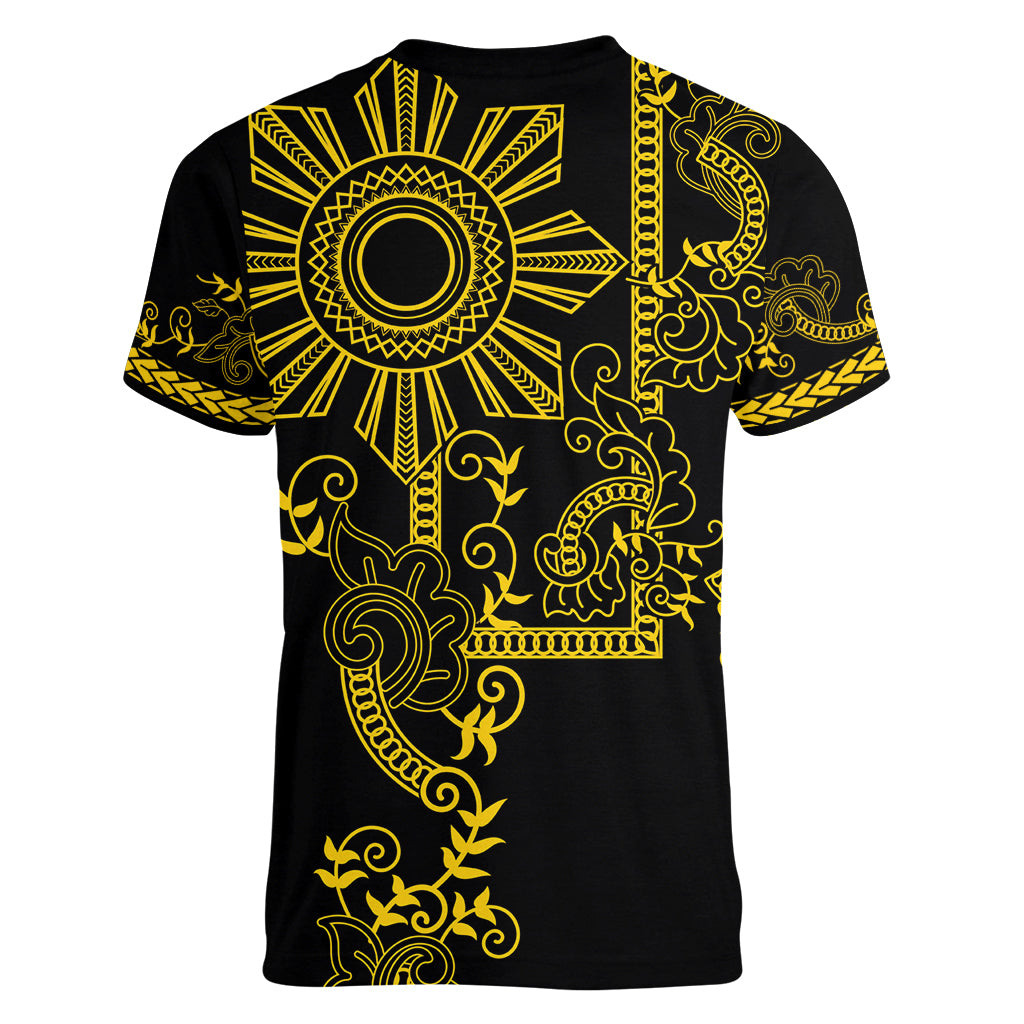 Filipino Sun Tribal Tattoo Women V-Neck T-Shirt Philippines Inspired Barong Simple Gold