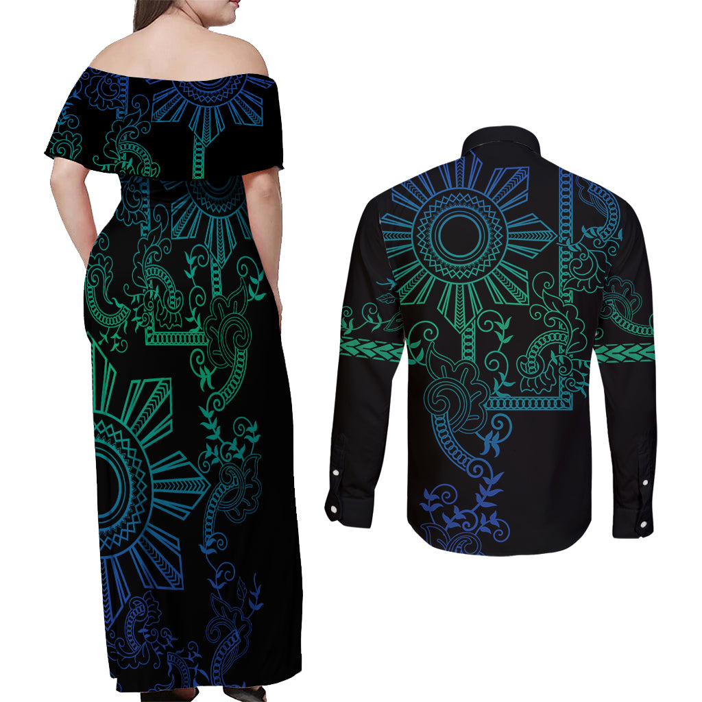 Filipino Sun Tribal Tattoo Couples Matching Off Shoulder Maxi Dress and Long Sleeve Button Shirt Philippines Inspired Barong Blue Art