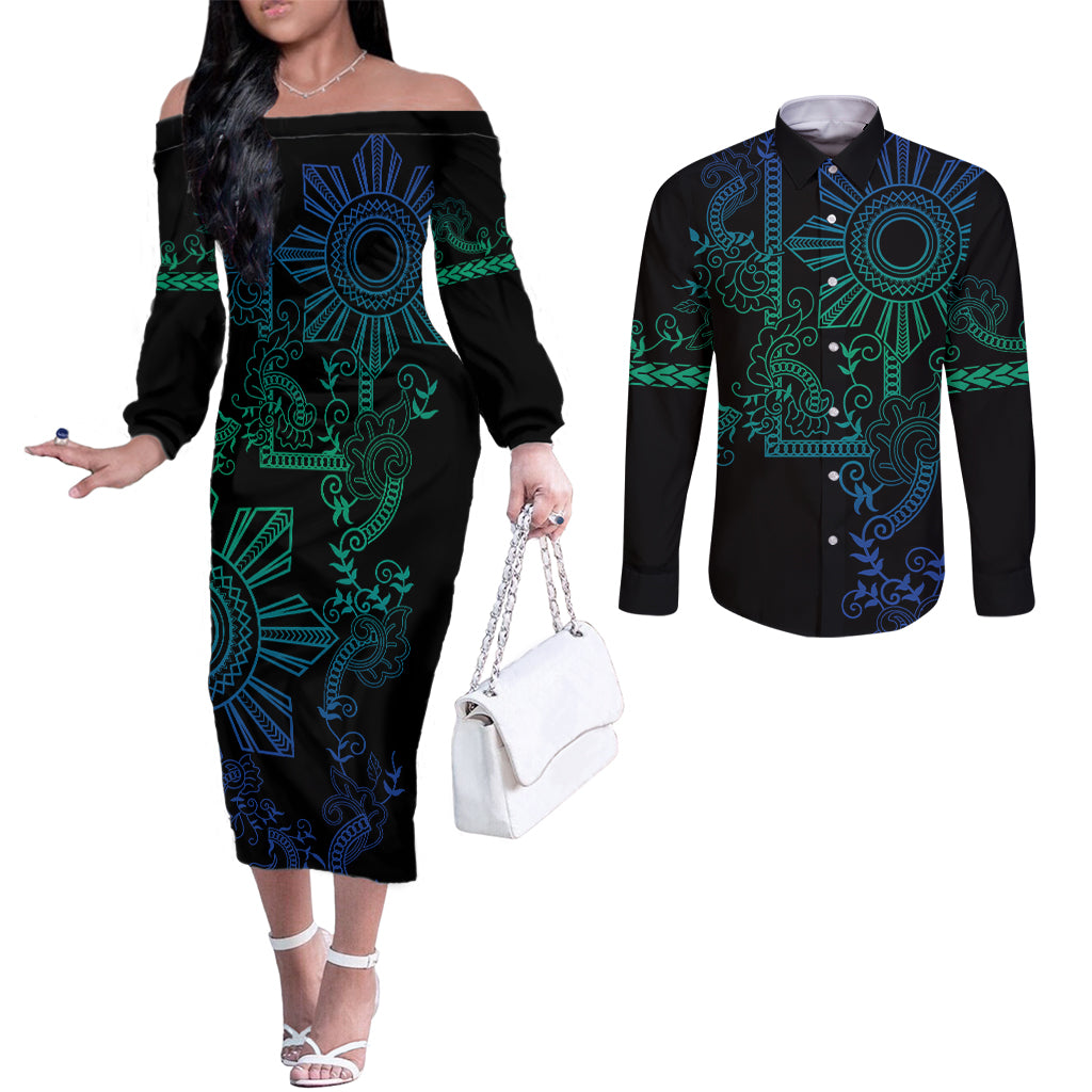 Filipino Sun Tribal Tattoo Couples Matching Off The Shoulder Long Sleeve Dress and Long Sleeve Button Shirt Philippines Inspired Barong Blue Art