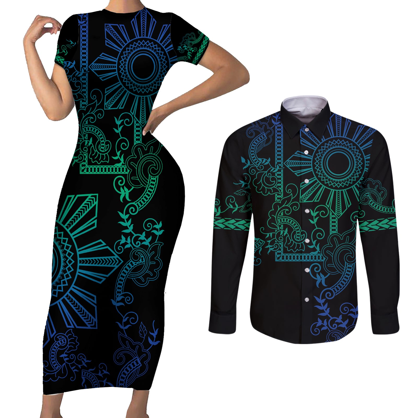 Filipino Sun Tribal Tattoo Couples Matching Short Sleeve Bodycon Dress and Long Sleeve Button Shirt Philippines Inspired Barong Blue Art