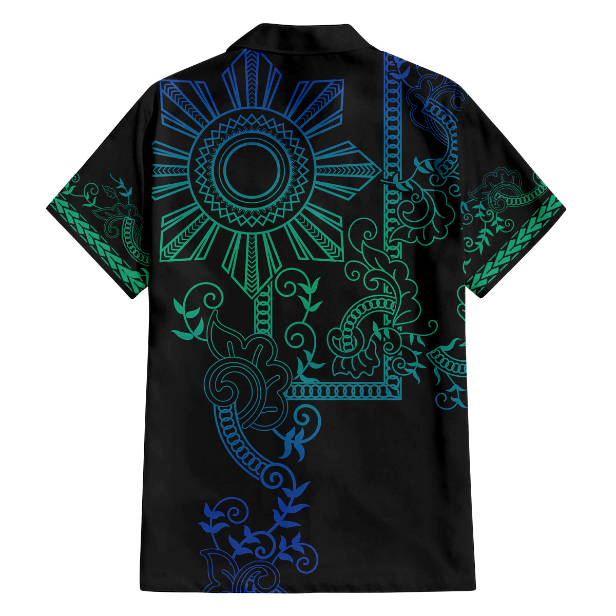 Filipino Sun Tribal Tattoo Family Matching Off The Shoulder Long Sleeve Dress and Hawaiian Shirt Philippines Inspired Barong Blue Art
