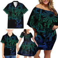 Filipino Sun Tribal Tattoo Family Matching Off Shoulder Short Dress and Hawaiian Shirt Philippines Inspired Barong Blue Art