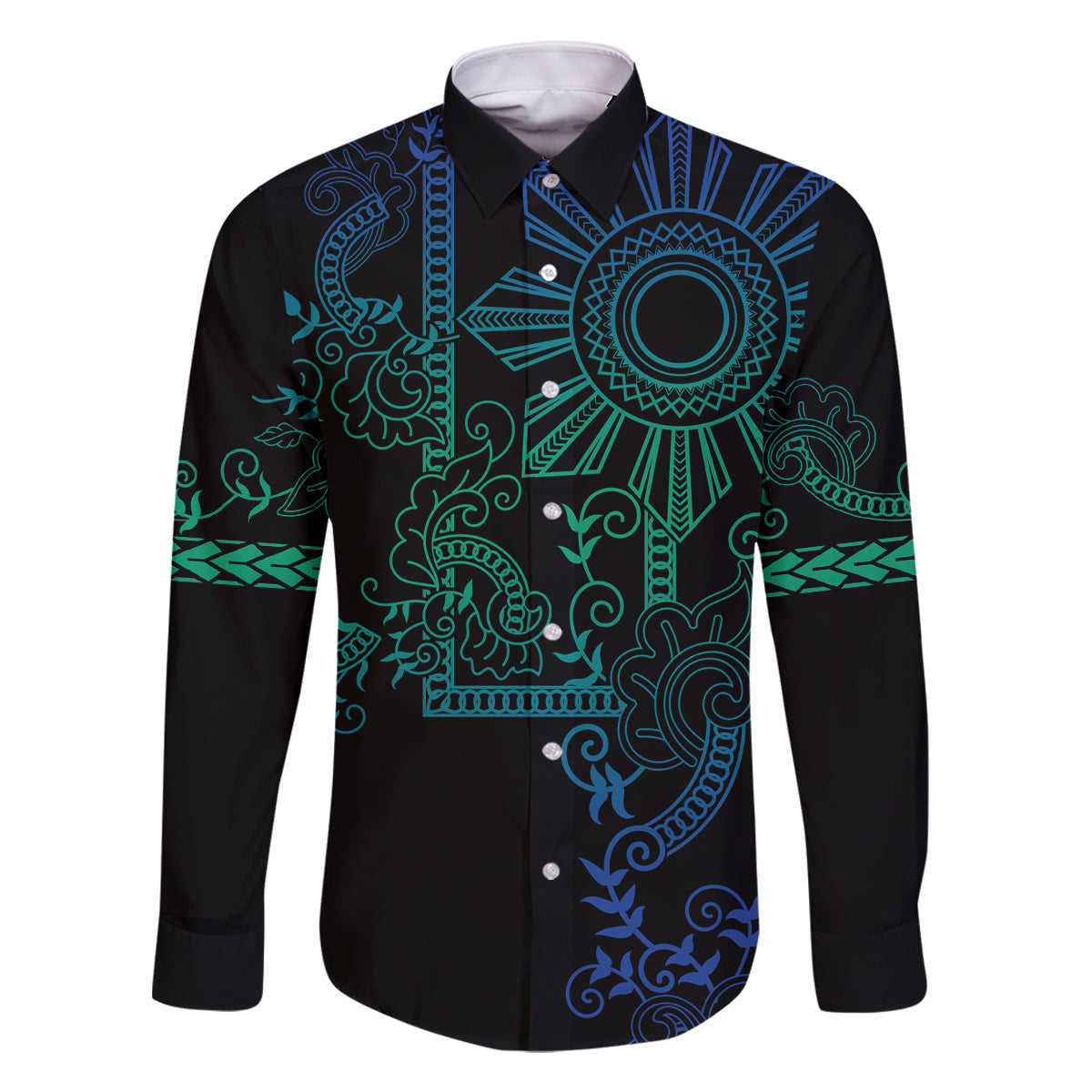 Filipino Sun Tribal Tattoo Family Matching Off Shoulder Short Dress and Hawaiian Shirt Philippines Inspired Barong Blue Art