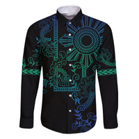 Filipino Sun Tribal Tattoo Family Matching Off Shoulder Short Dress and Hawaiian Shirt Philippines Inspired Barong Blue Art