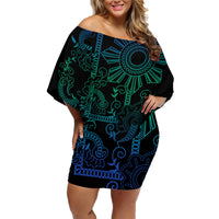 Filipino Sun Tribal Tattoo Family Matching Off Shoulder Short Dress and Hawaiian Shirt Philippines Inspired Barong Blue Art