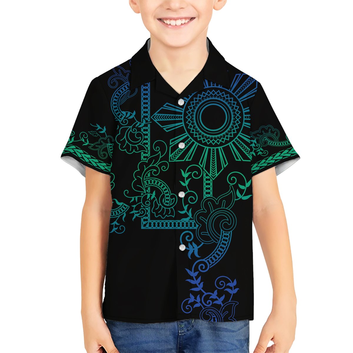 Filipino Sun Tribal Tattoo Hawaiian Shirt Philippines Inspired Barong Blue Art