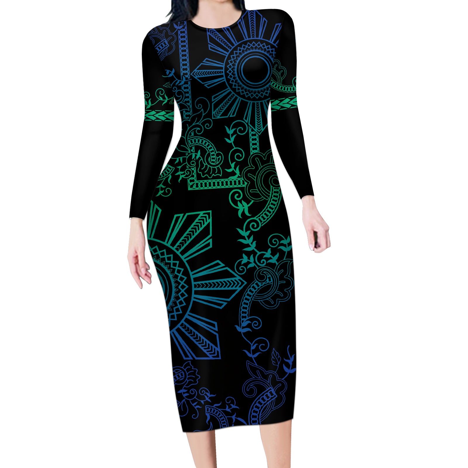 Filipino Sun Tribal Tattoo Long Sleeve Bodycon Dress Philippines Inspired Barong Blue Art