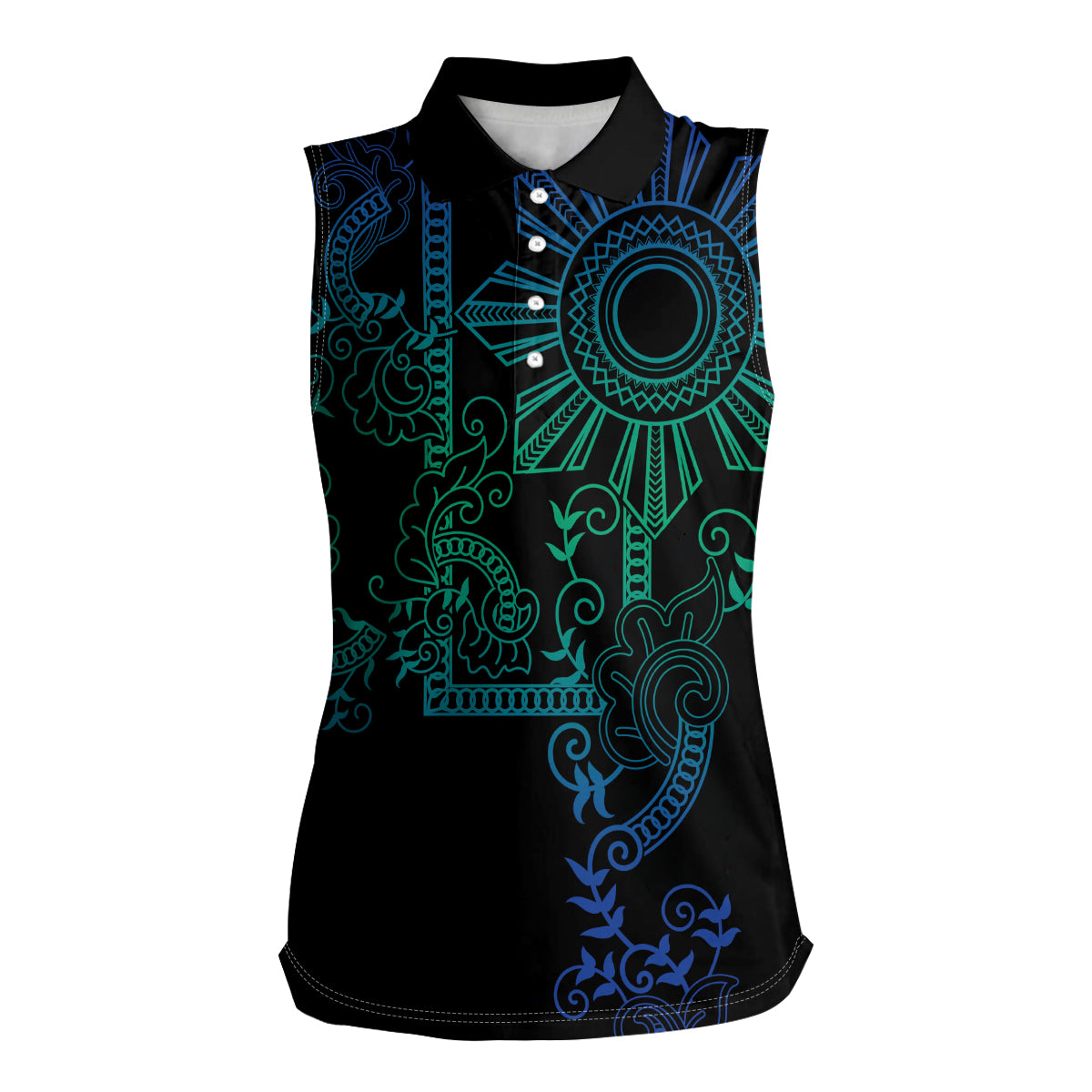 Filipino Sun Tribal Tattoo Women Sleeveless Polo Shirt Philippines Inspired Barong Blue Art
