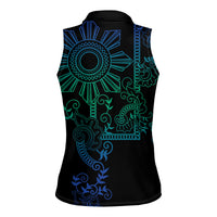 Filipino Sun Tribal Tattoo Women Sleeveless Polo Shirt Philippines Inspired Barong Blue Art