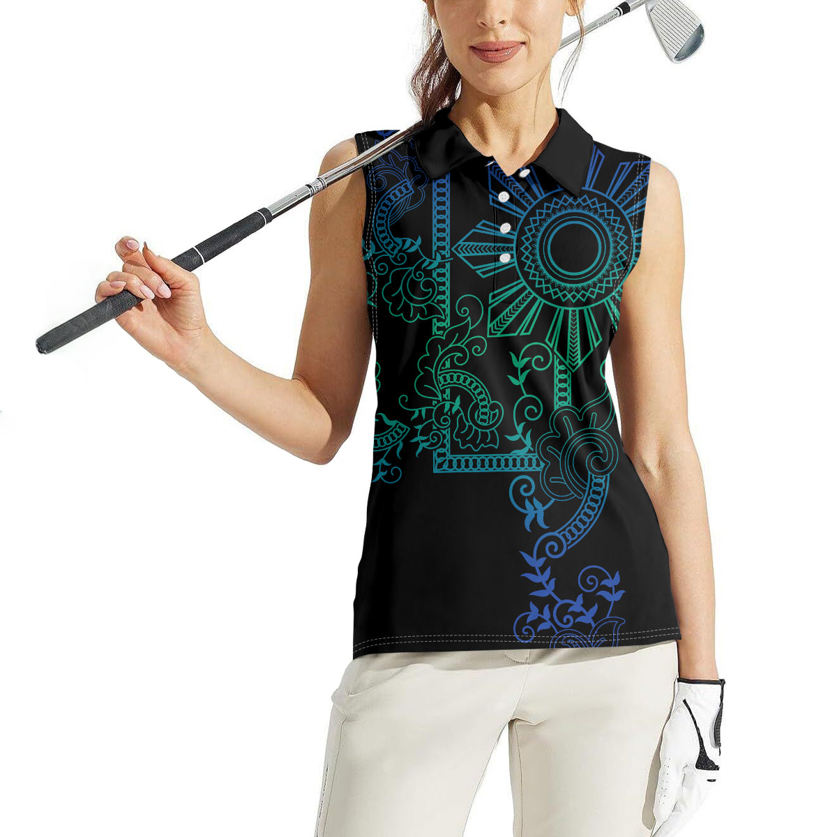Filipino Sun Tribal Tattoo Women Sleeveless Polo Shirt Philippines Inspired Barong Blue Art