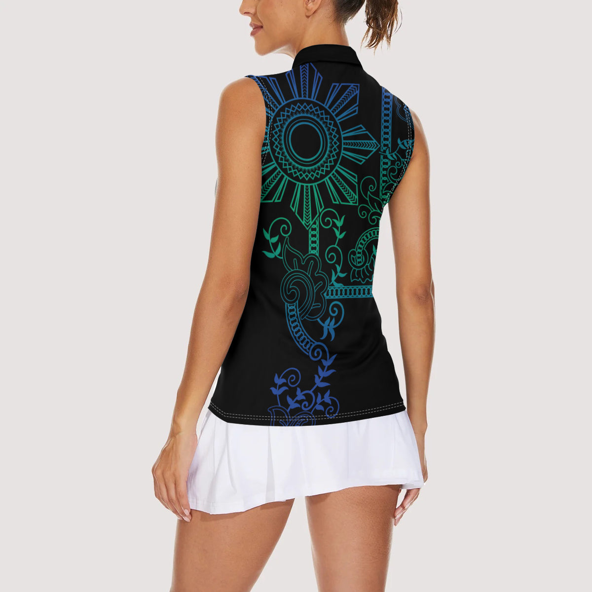 Filipino Sun Tribal Tattoo Women Sleeveless Polo Shirt Philippines Inspired Barong Blue Art