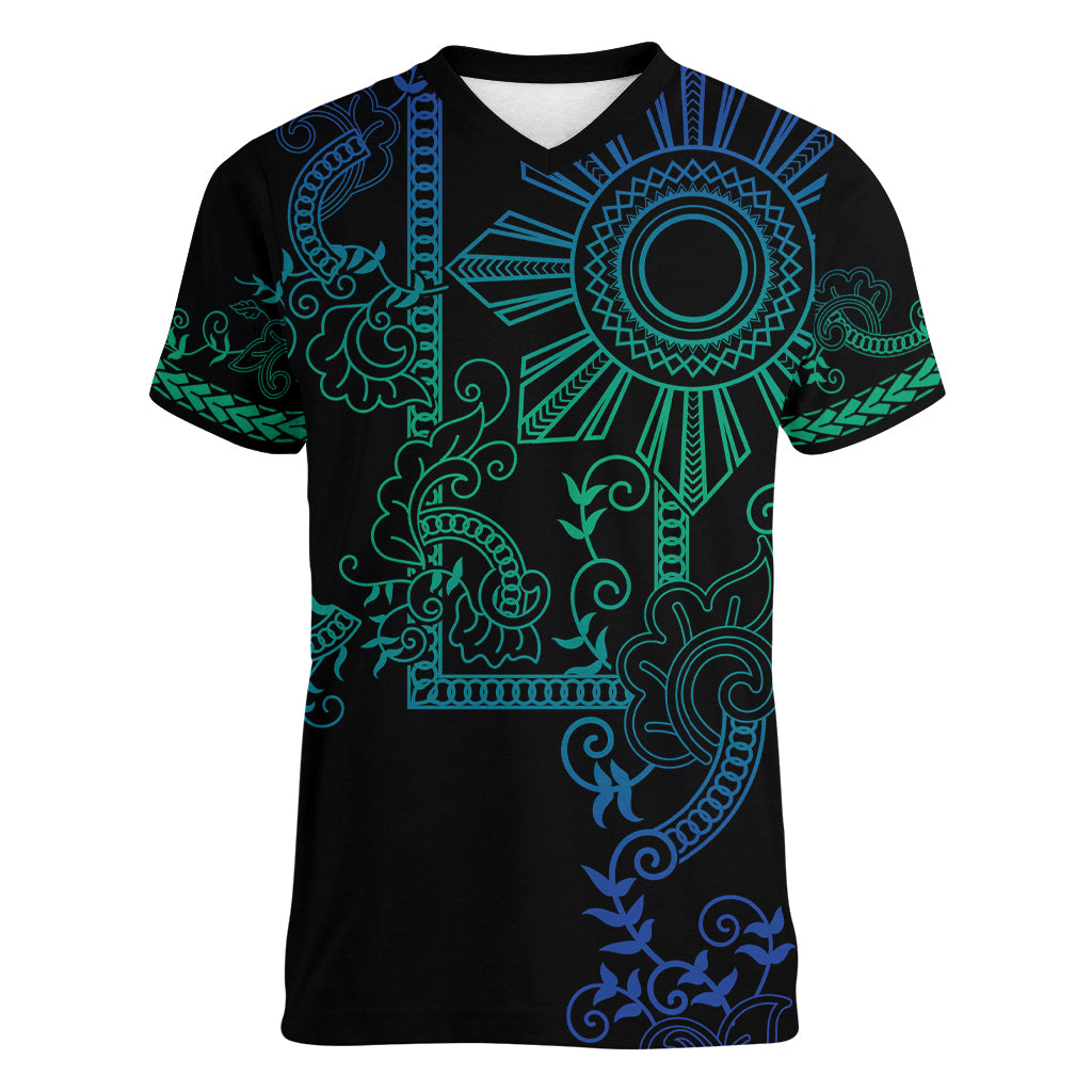 Filipino Sun Tribal Tattoo Women V-Neck T-Shirt Philippines Inspired Barong Blue Art