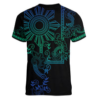 Filipino Sun Tribal Tattoo Women V-Neck T-Shirt Philippines Inspired Barong Blue Art