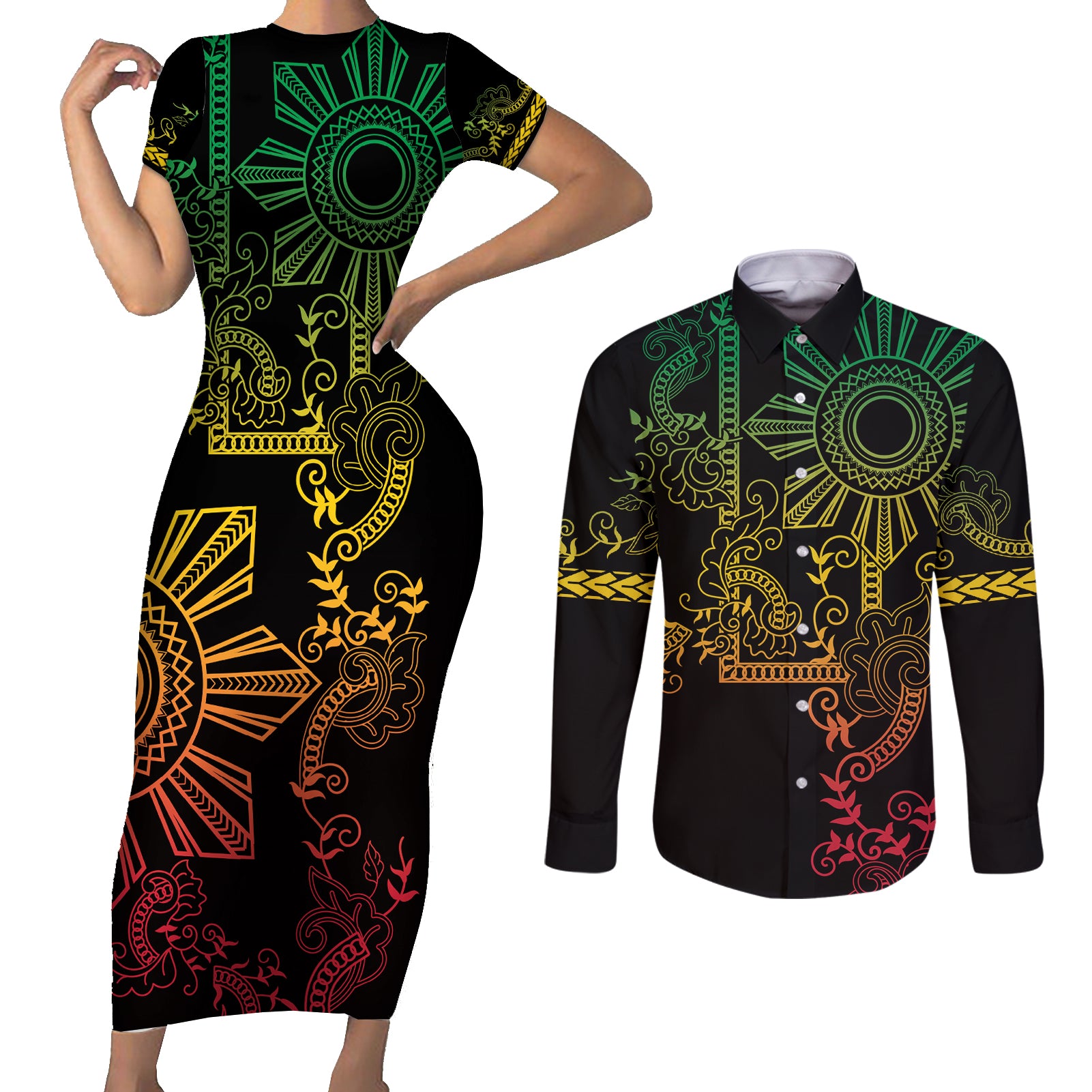 Filipino Sun Tribal Tattoo Couples Matching Short Sleeve Bodycon Dress and Long Sleeve Button Shirt Philippines Inspired Barong Reggae Art