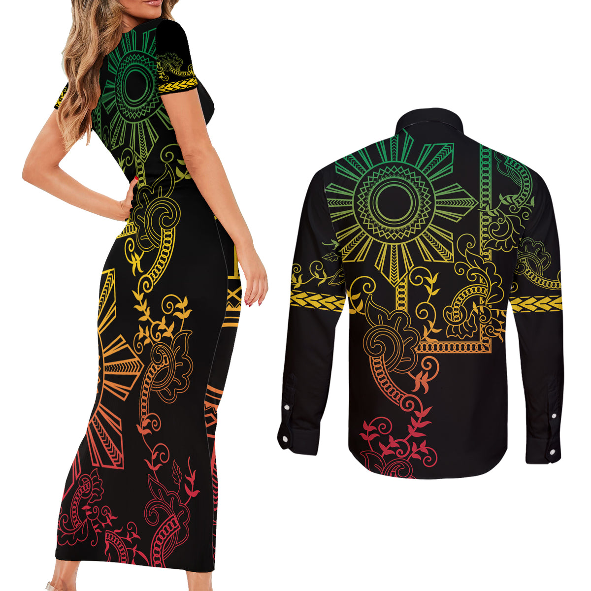 Filipino Sun Tribal Tattoo Couples Matching Short Sleeve Bodycon Dress and Long Sleeve Button Shirt Philippines Inspired Barong Reggae Art