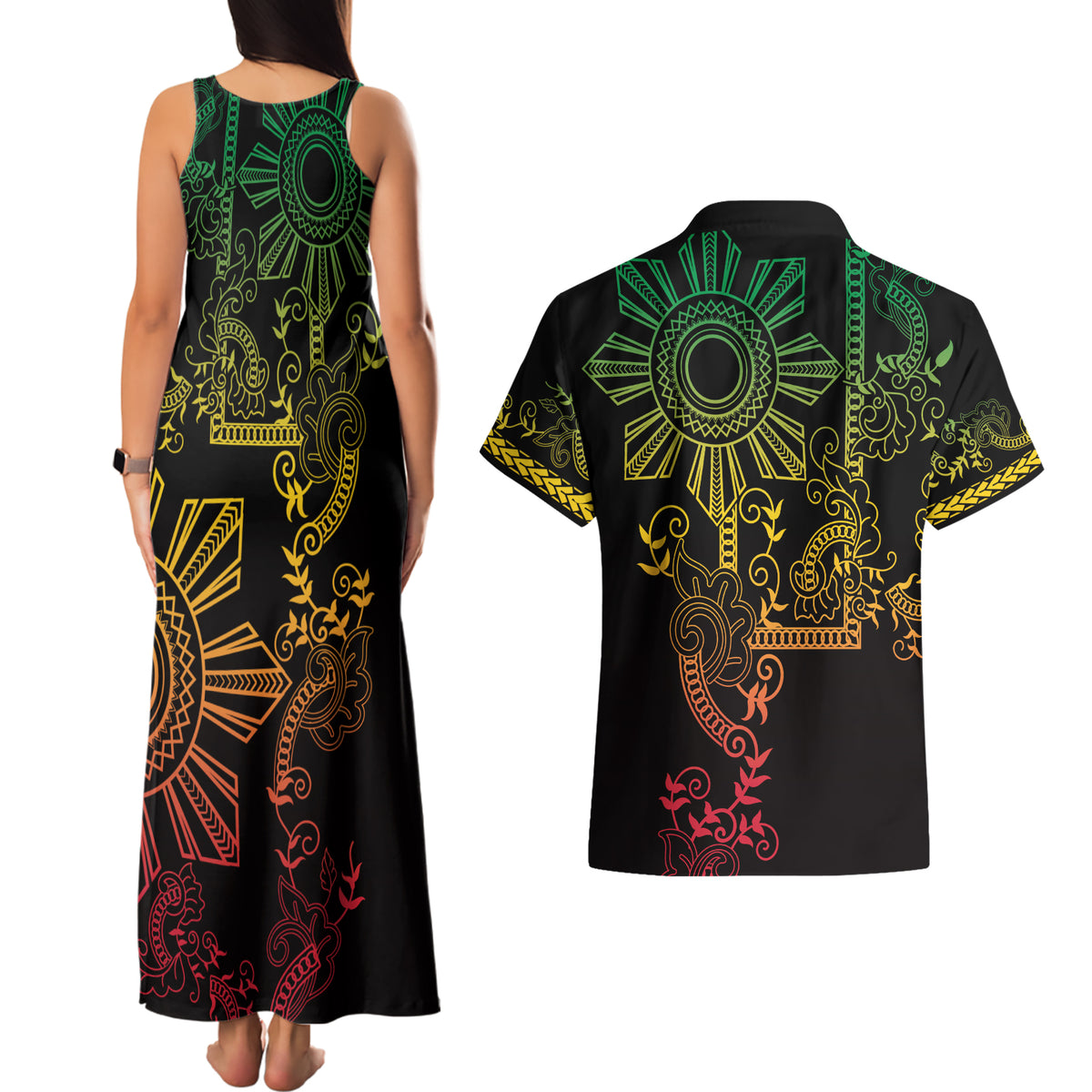 Filipino Sun Tribal Tattoo Couples Matching Tank Maxi Dress and Hawaiian Shirt Philippines Inspired Barong Reggae Art