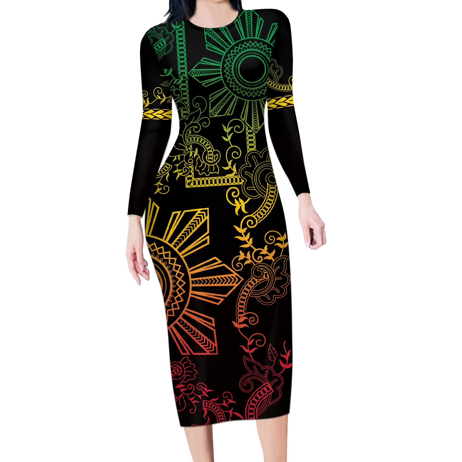 Filipino Sun Tribal Tattoo Long Sleeve Bodycon Dress Philippines Inspired Barong Reggae Art