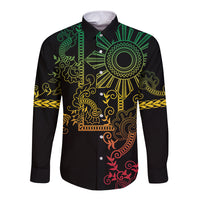 Filipino Sun Tribal Tattoo Long Sleeve Button Shirt Philippines Inspired Barong Reggae Art