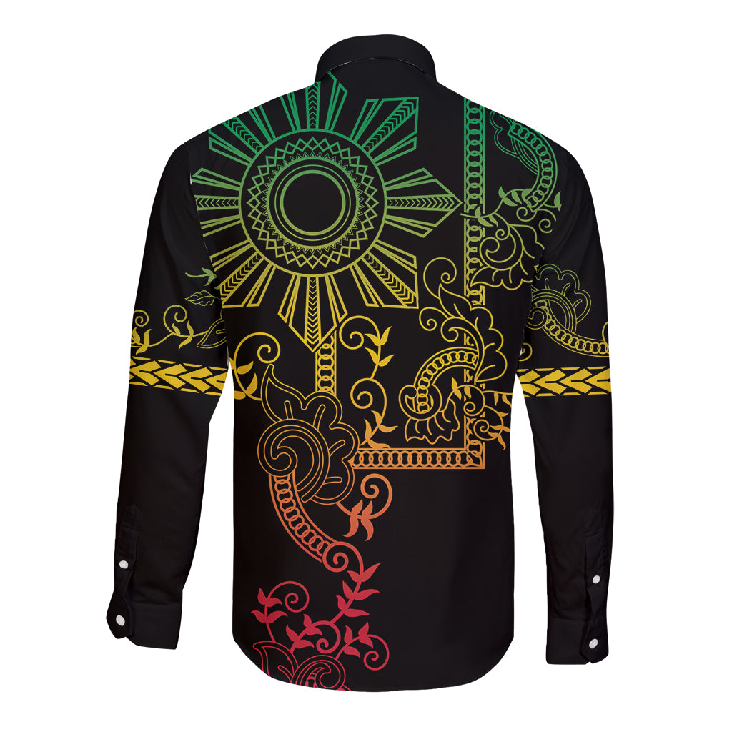 Filipino Sun Tribal Tattoo Long Sleeve Button Shirt Philippines Inspired Barong Reggae Art