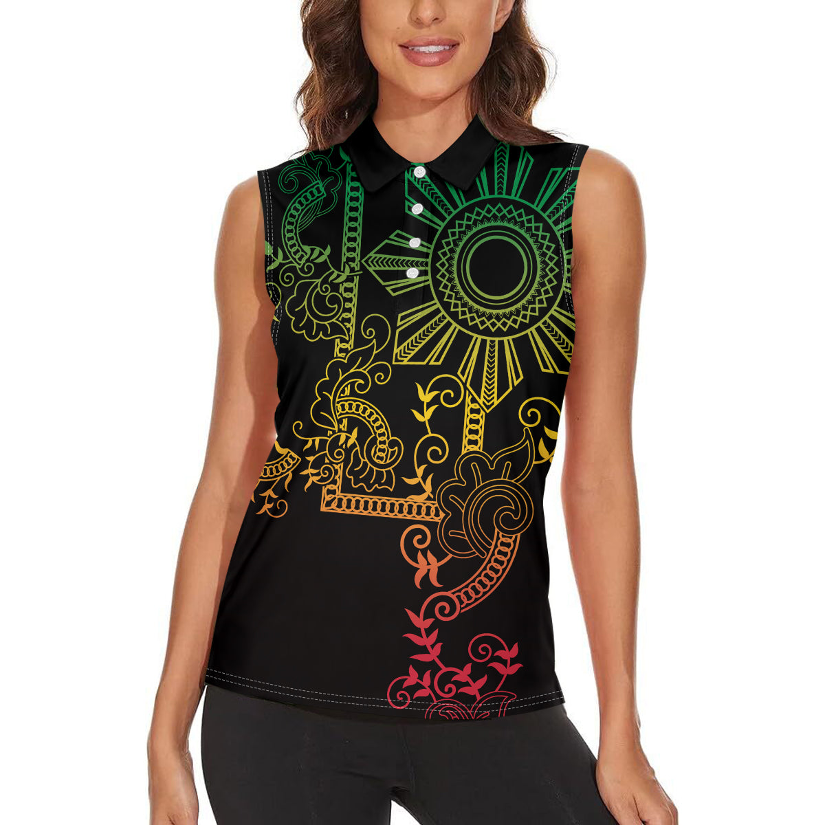 Filipino Sun Tribal Tattoo Women Sleeveless Polo Shirt Philippines Inspired Barong Reggae Art