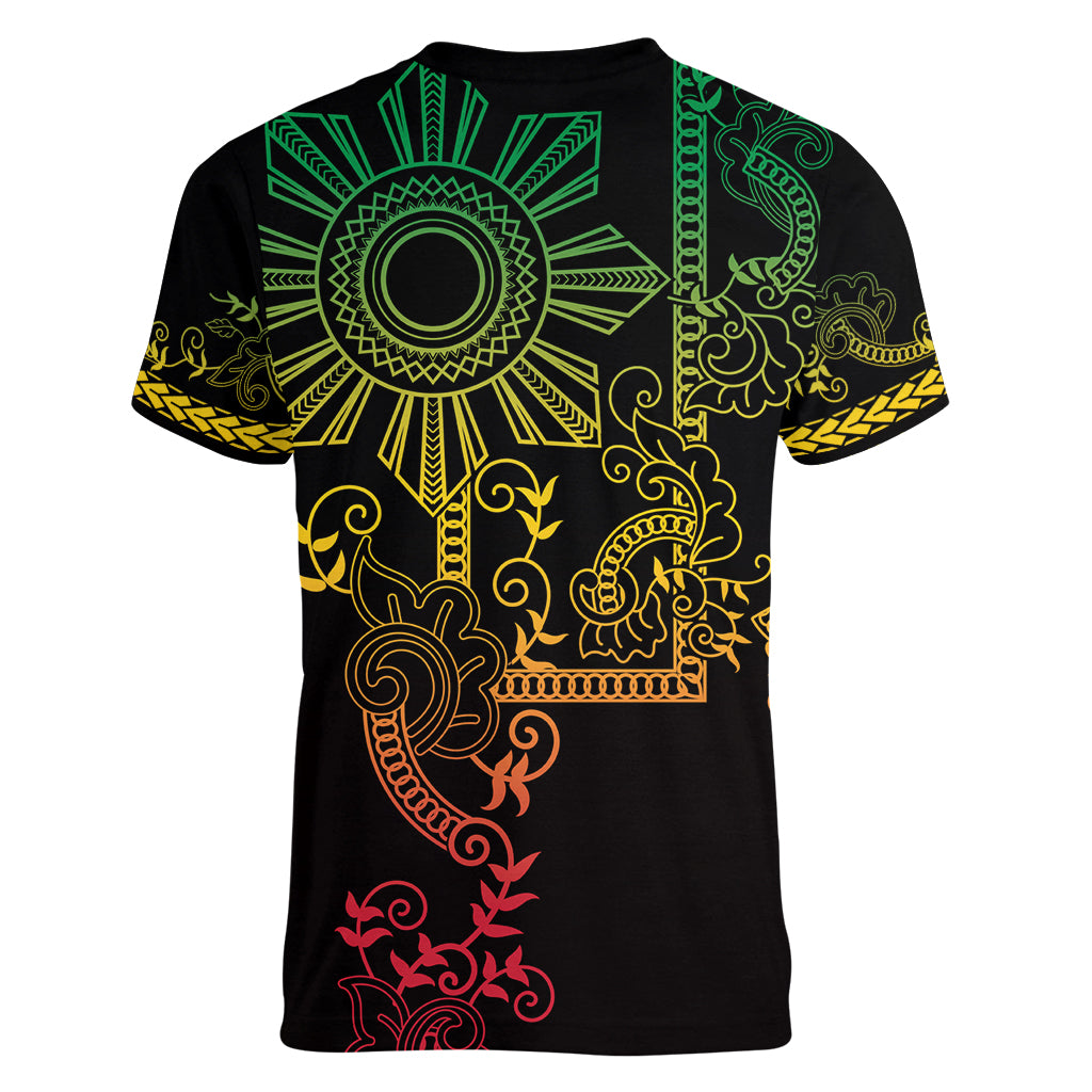 Filipino Sun Tribal Tattoo Women V-Neck T-Shirt Philippines Inspired Barong Reggae Art