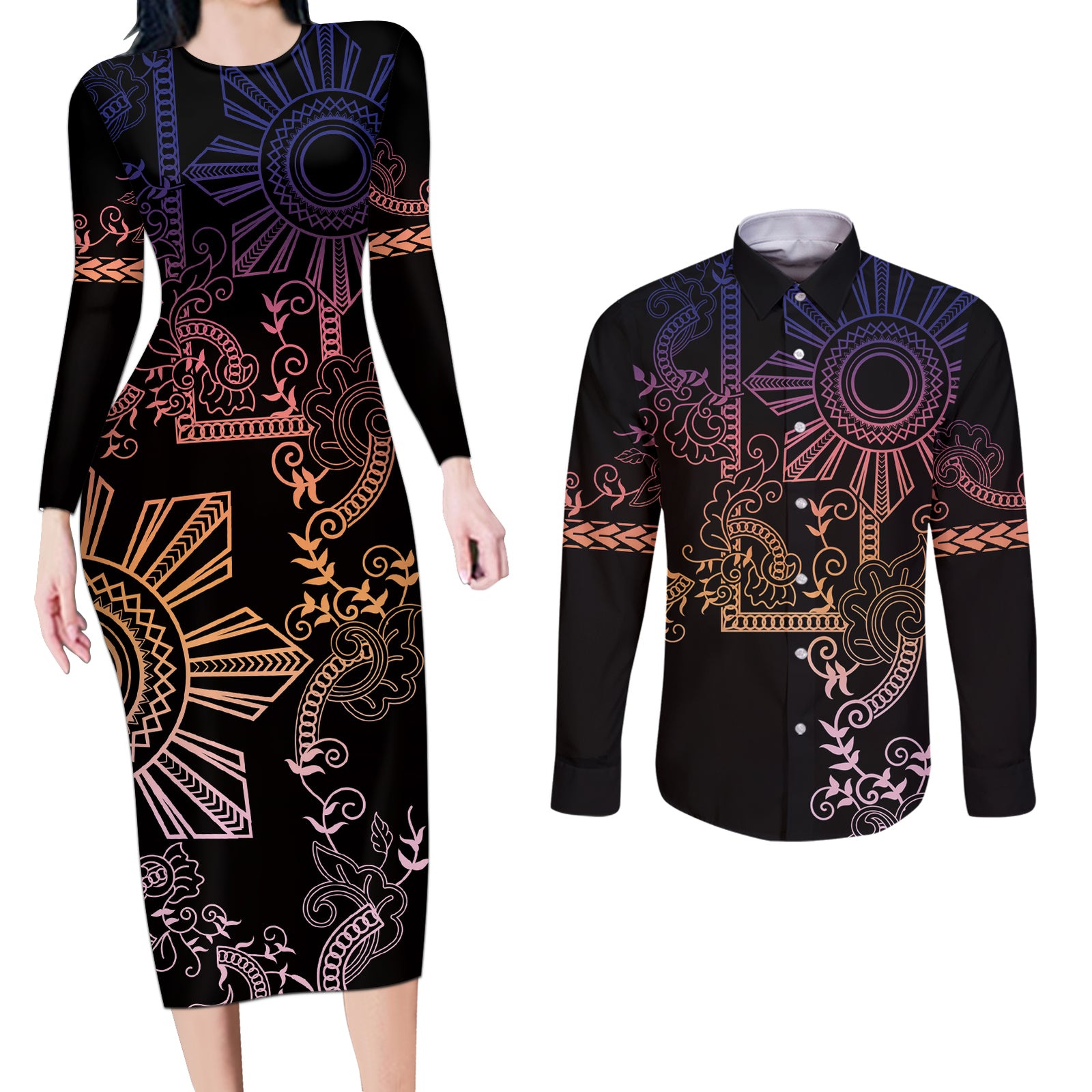 Filipino Sun Tribal Tattoo Couples Matching Long Sleeve Bodycon Dress and Long Sleeve Button Shirt Philippines Inspired Barong Pink Art