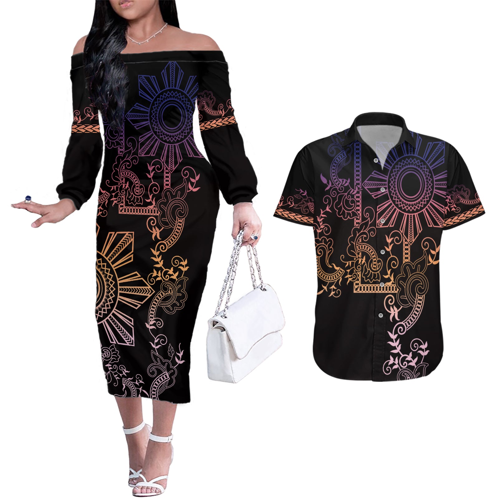 Filipino Sun Tribal Tattoo Couples Matching Off The Shoulder Long Sleeve Dress and Hawaiian Shirt Philippines Inspired Barong Pink Art
