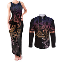 Filipino Sun Tribal Tattoo Couples Matching Tank Maxi Dress and Long Sleeve Button Shirt Philippines Inspired Barong Pink Art