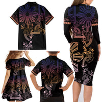 Filipino Sun Tribal Tattoo Family Matching Long Sleeve Bodycon Dress and Hawaiian Shirt Philippines Inspired Barong Pink Art