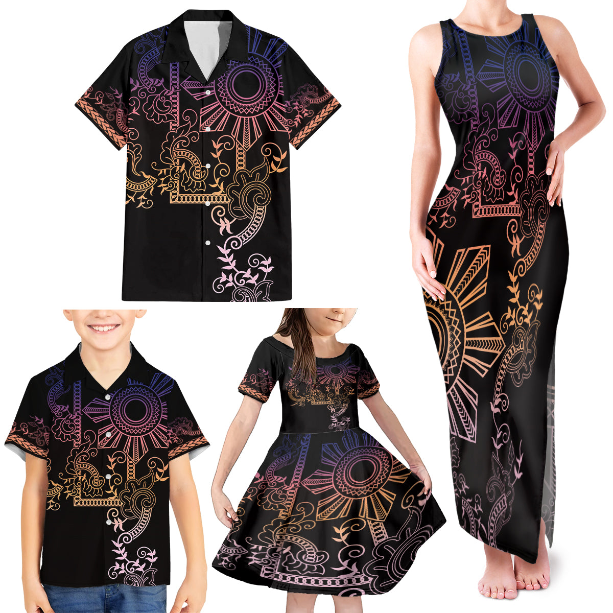 Filipino Sun Tribal Tattoo Family Matching Tank Maxi Dress and Hawaiian Shirt Philippines Inspired Barong Pink Art