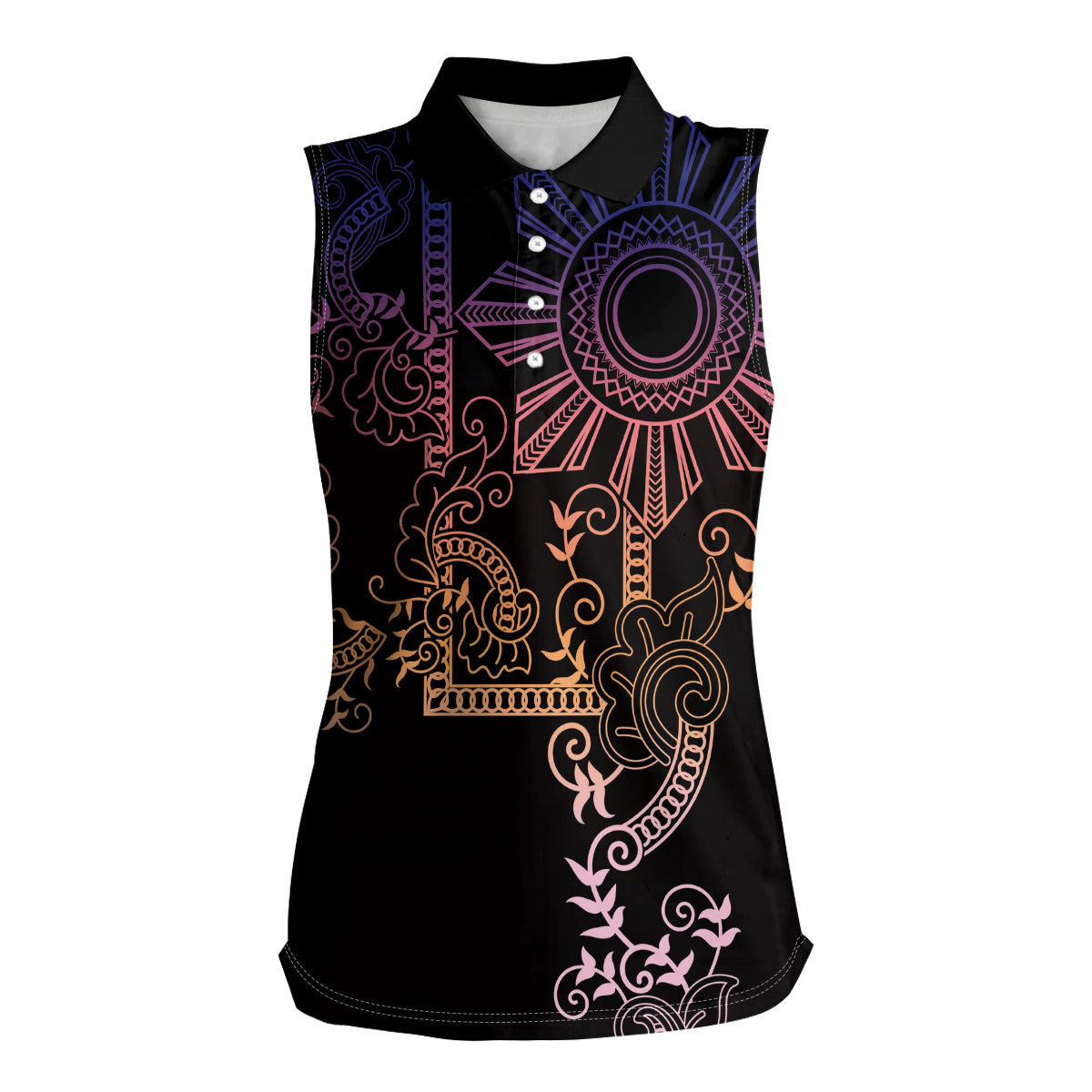 Filipino Sun Tribal Tattoo Women Sleeveless Polo Shirt Philippines Inspired Barong Pink Art