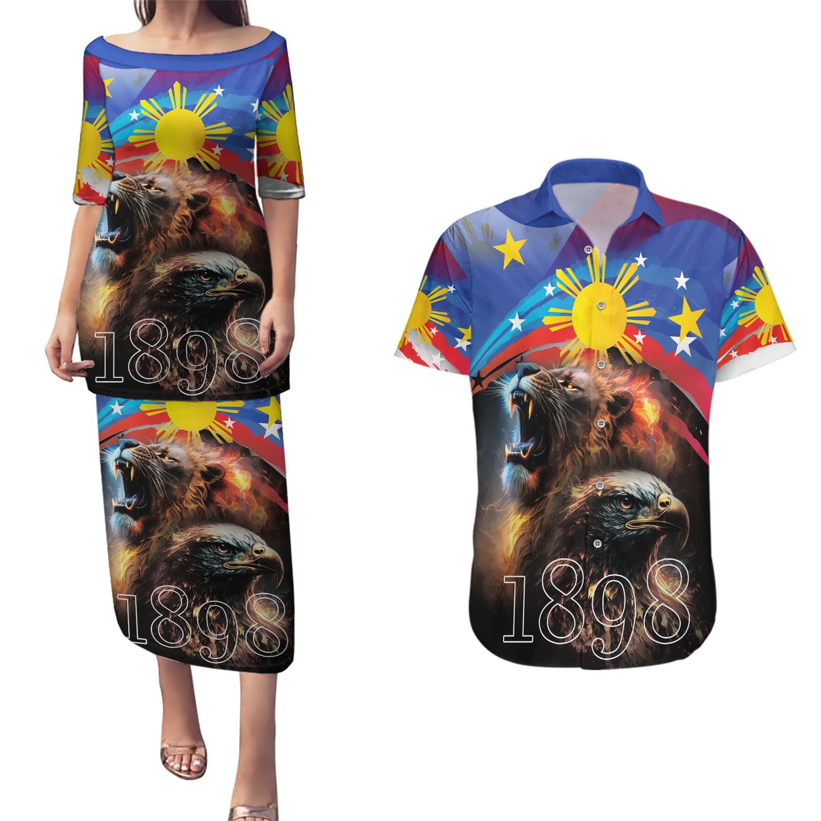 Philippines Lion and Eagle 1898 Couples Matching Puletasi and Hawaiian Shirt Pilipinas Maligayang Araw ng Kalayaan