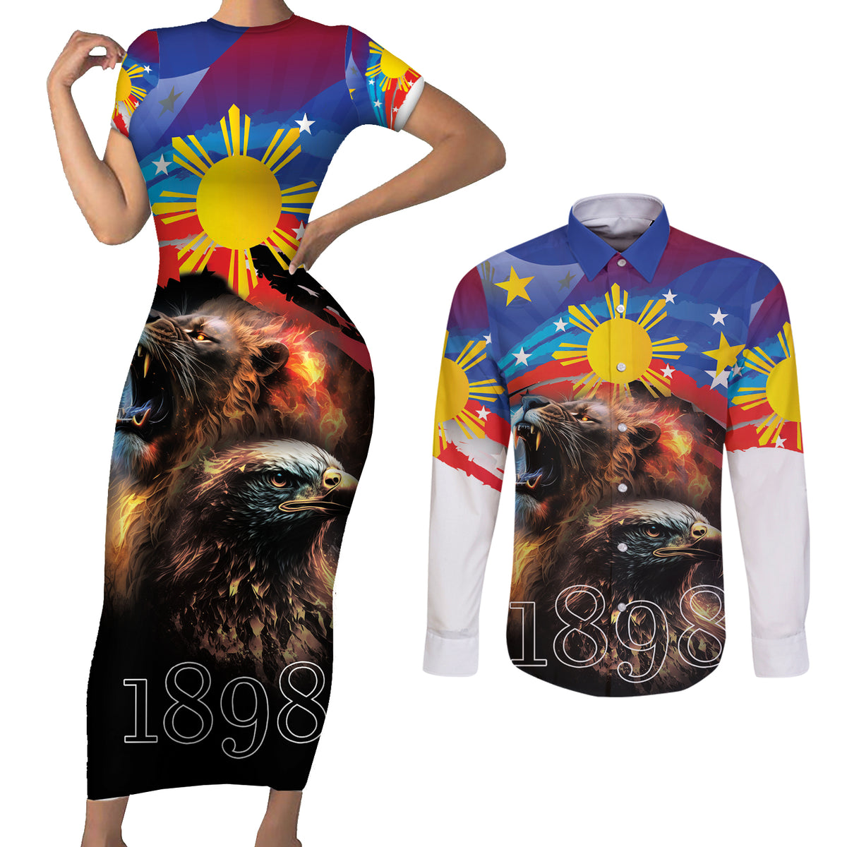 Philippines Lion and Eagle 1898 Couples Matching Short Sleeve Bodycon Dress and Long Sleeve Button Shirt Pilipinas Maligayang Araw ng Kalayaan