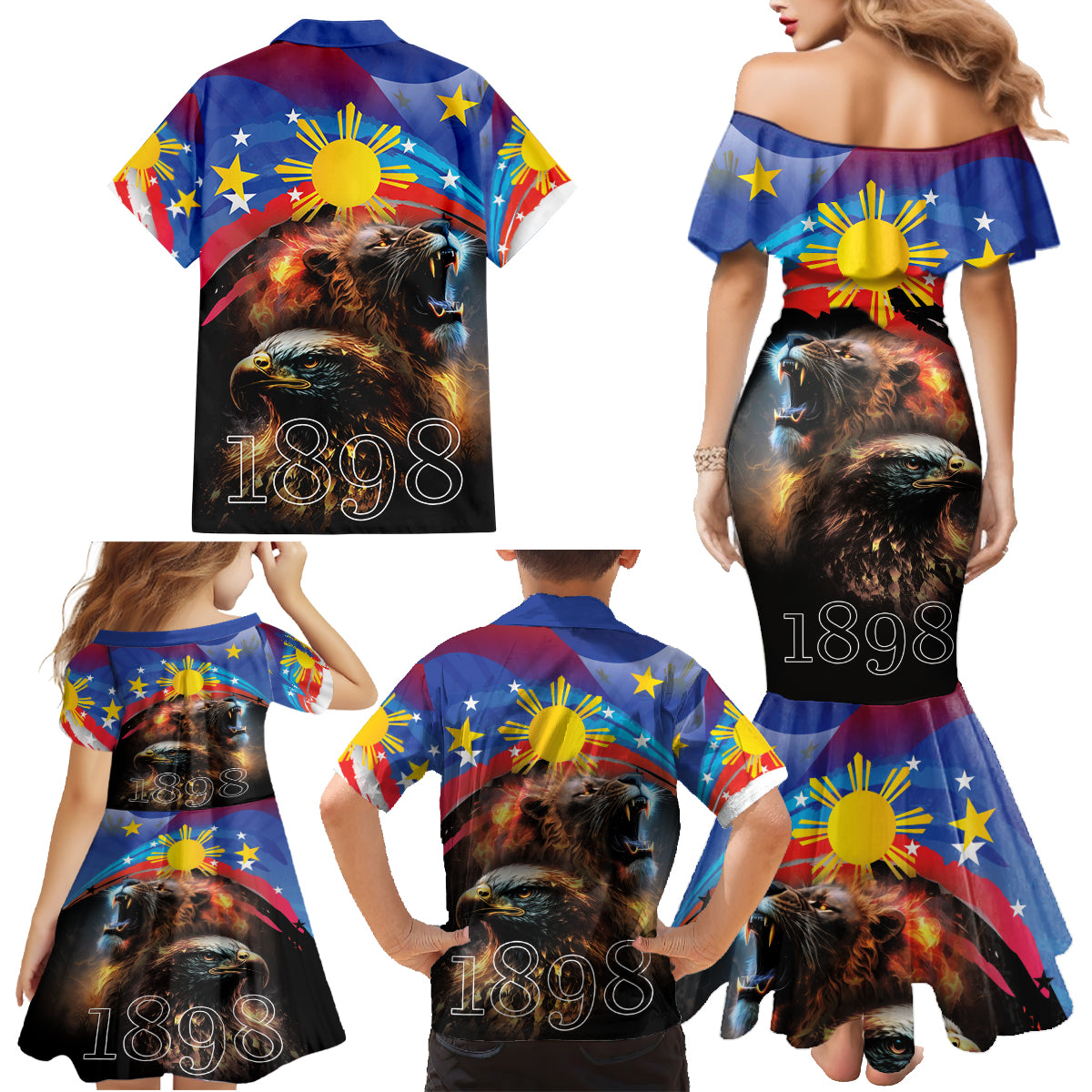 Philippines Lion and Eagle 1898 Family Matching Mermaid Dress and Hawaiian Shirt Pilipinas Maligayang Araw ng Kalayaan