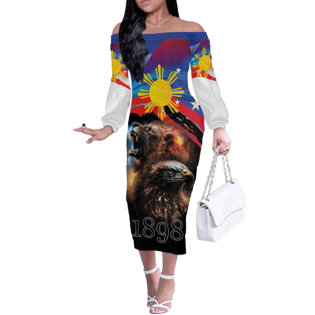 Philippines Lion and Eagle 1898 Off The Shoulder Long Sleeve Dress Pilipinas Maligayang Araw ng Kalayaan