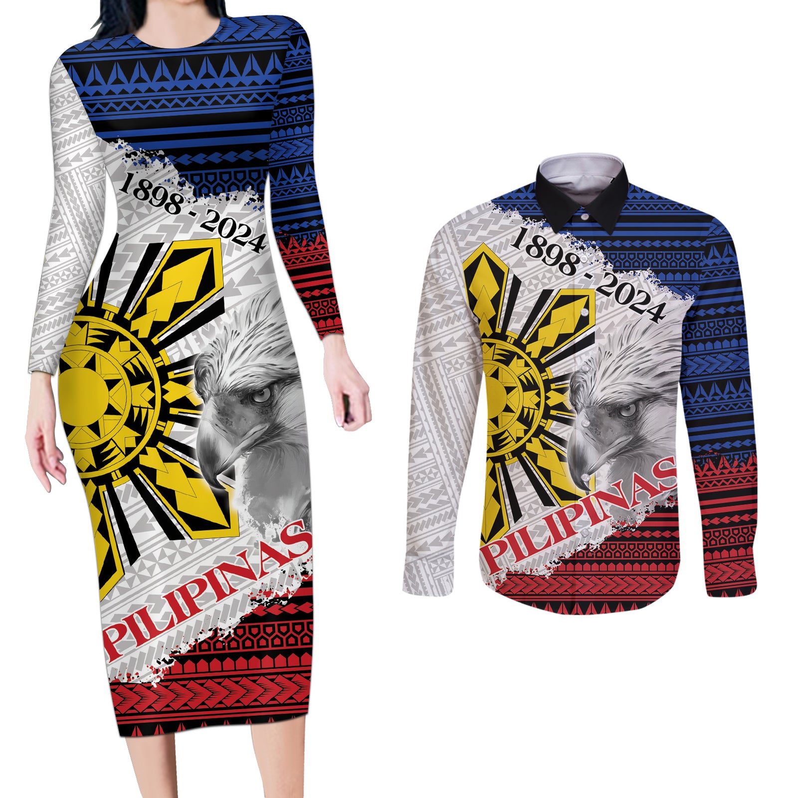 Philippines 126th Independence Day Couples Matching Long Sleeve Bodycon Dress and Long Sleeve Button Shirt Pilipinas Hunyo 12 Maligayang Araw ng Kalayaan
