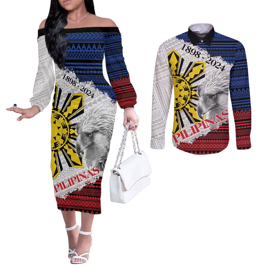 Philippines 126th Independence Day Couples Matching Off The Shoulder Long Sleeve Dress and Long Sleeve Button Shirt Pilipinas Hunyo 12 Maligayang Araw ng Kalayaan