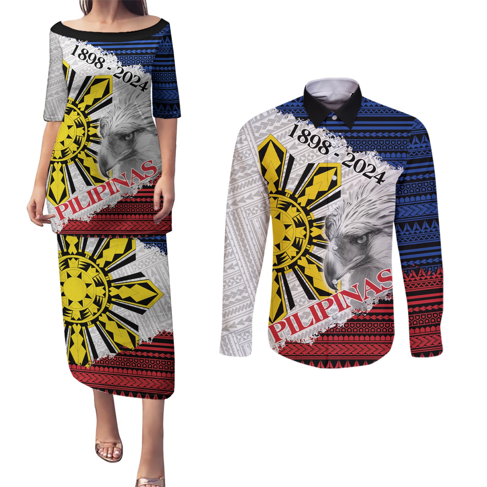 Philippines 126th Independence Day Couples Matching Puletasi and Long Sleeve Button Shirt Pilipinas Hunyo 12 Maligayang Araw ng Kalayaan