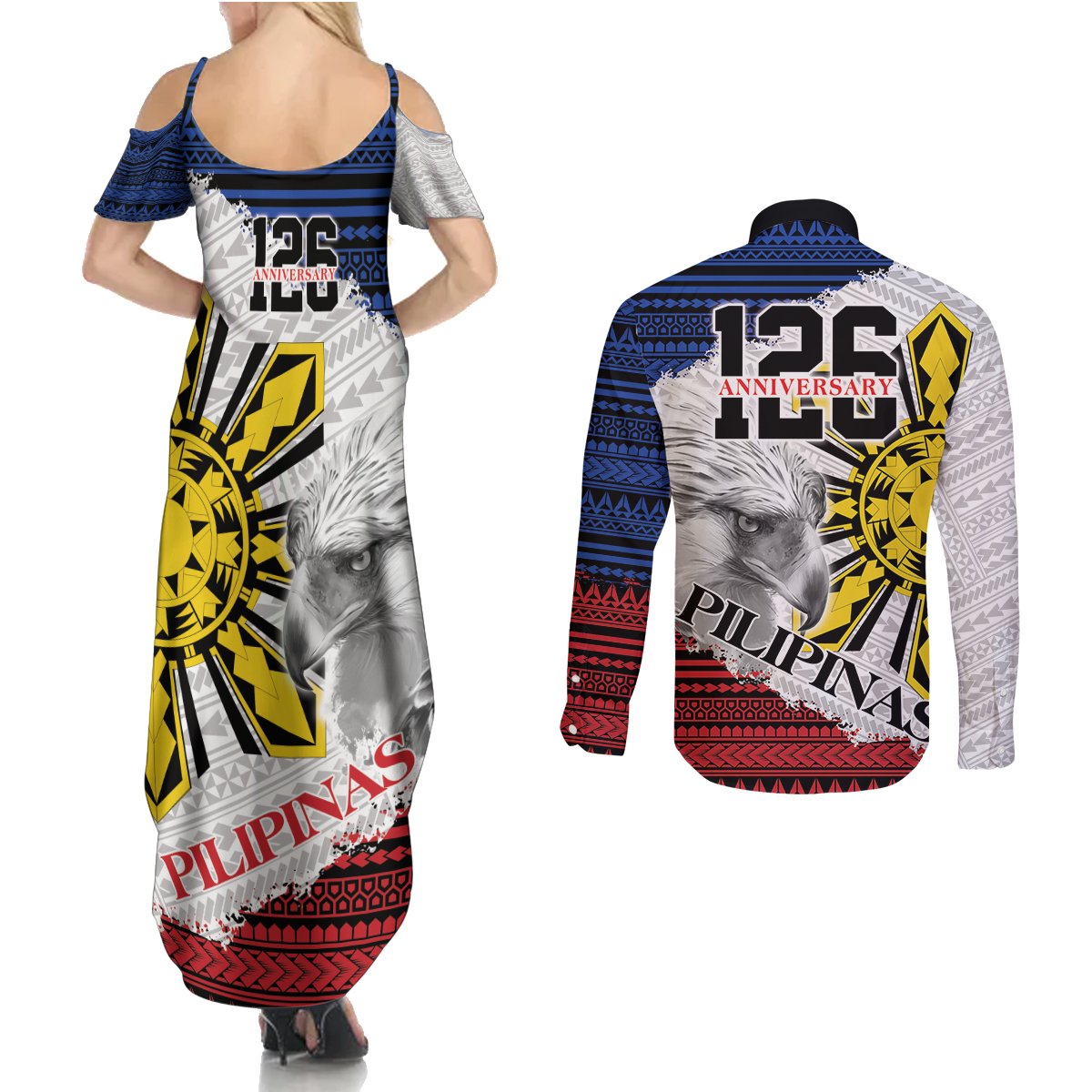 Philippines 126th Independence Day Couples Matching Summer Maxi Dress and Long Sleeve Button Shirt Pilipinas Hunyo 12 Maligayang Araw ng Kalayaan