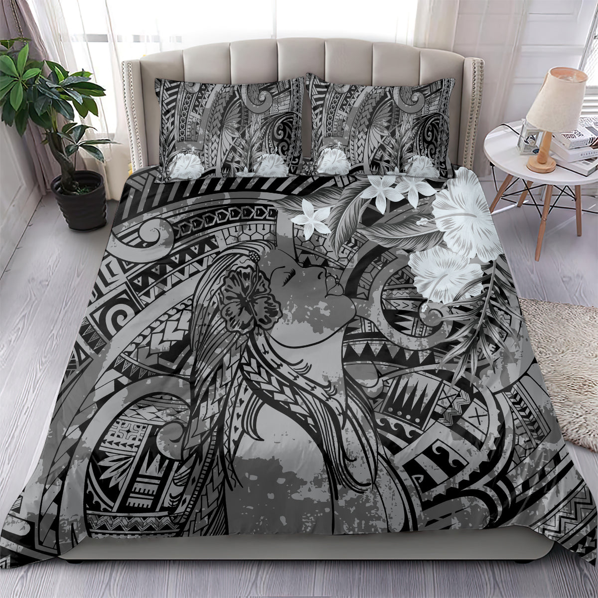 Pacific Beauty Girl Bedding Set Black Polyneisan Tribal Vintage Motif
