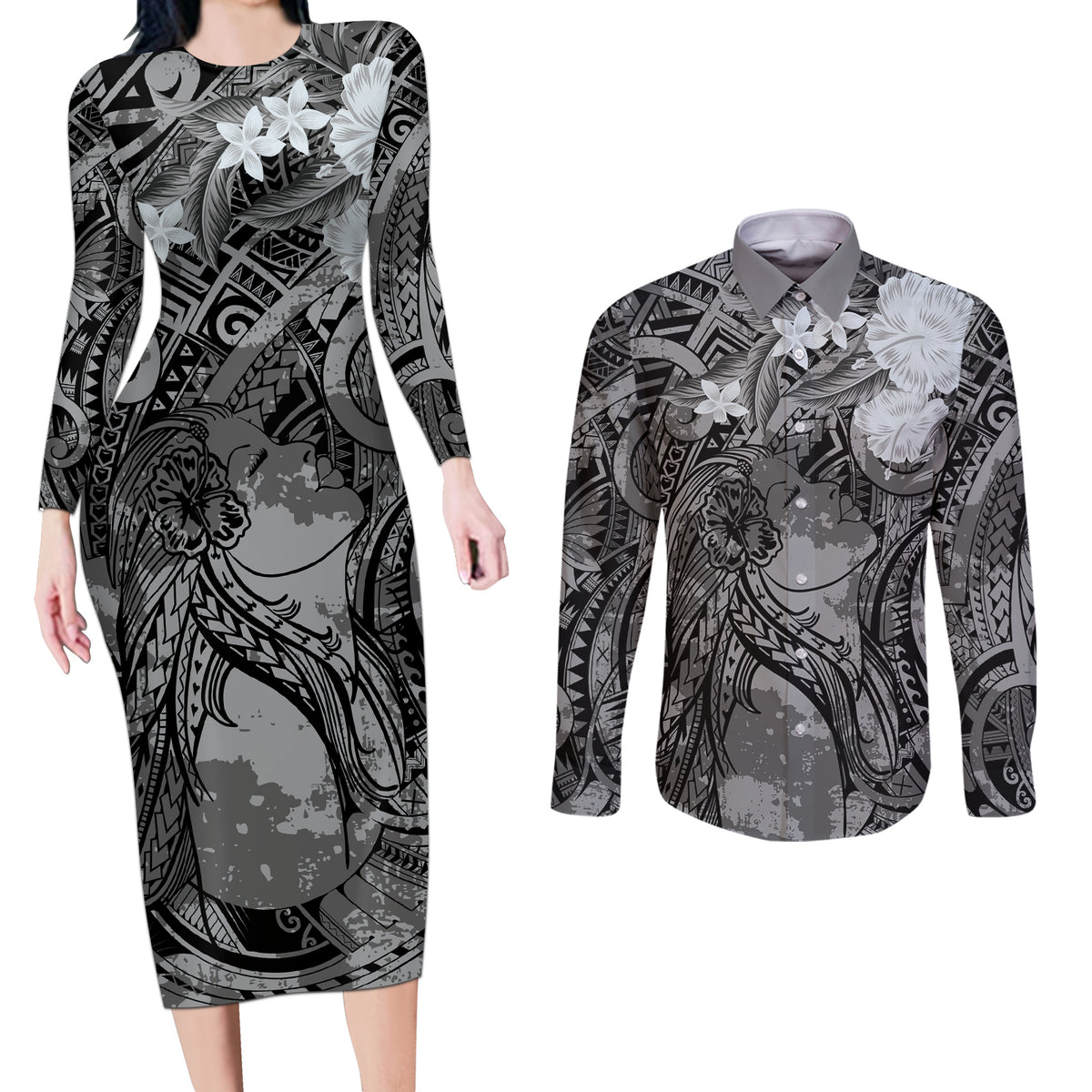 Pacific Beauty Girl Couples Matching Long Sleeve Bodycon Dress and Long Sleeve Button Shirt Black Polyneisan Tribal Vintage Motif