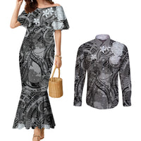 Pacific Beauty Girl Couples Matching Mermaid Dress and Long Sleeve Button Shirt Black Polyneisan Tribal Vintage Motif