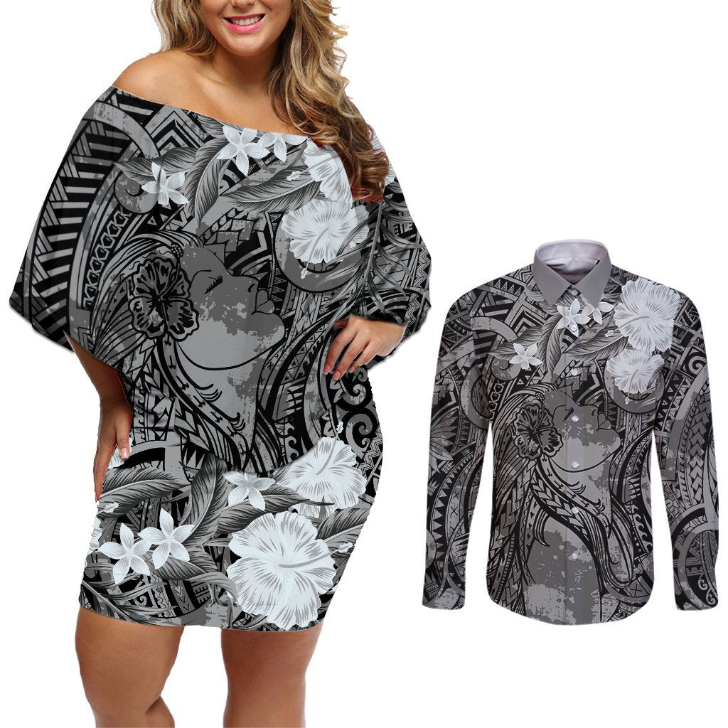 Pacific Beauty Girl Couples Matching Off Shoulder Short Dress and Long Sleeve Button Shirt Black Polyneisan Tribal Vintage Motif LT9 Black - Polynesian Pride