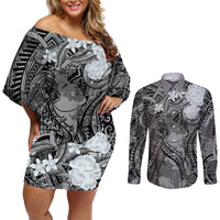Pacific Beauty Girl Couples Matching Off Shoulder Short Dress and Long Sleeve Button Shirt Black Polyneisan Tribal Vintage Motif