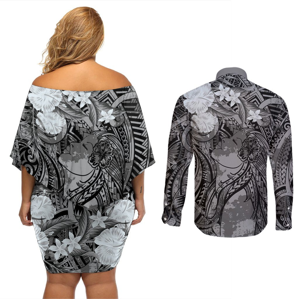 Pacific Beauty Girl Couples Matching Off Shoulder Short Dress and Long Sleeve Button Shirt Black Polyneisan Tribal Vintage Motif