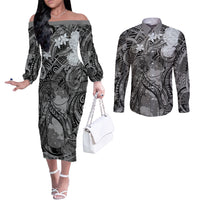 Pacific Beauty Girl Couples Matching Off The Shoulder Long Sleeve Dress and Long Sleeve Button Shirt Black Polyneisan Tribal Vintage Motif