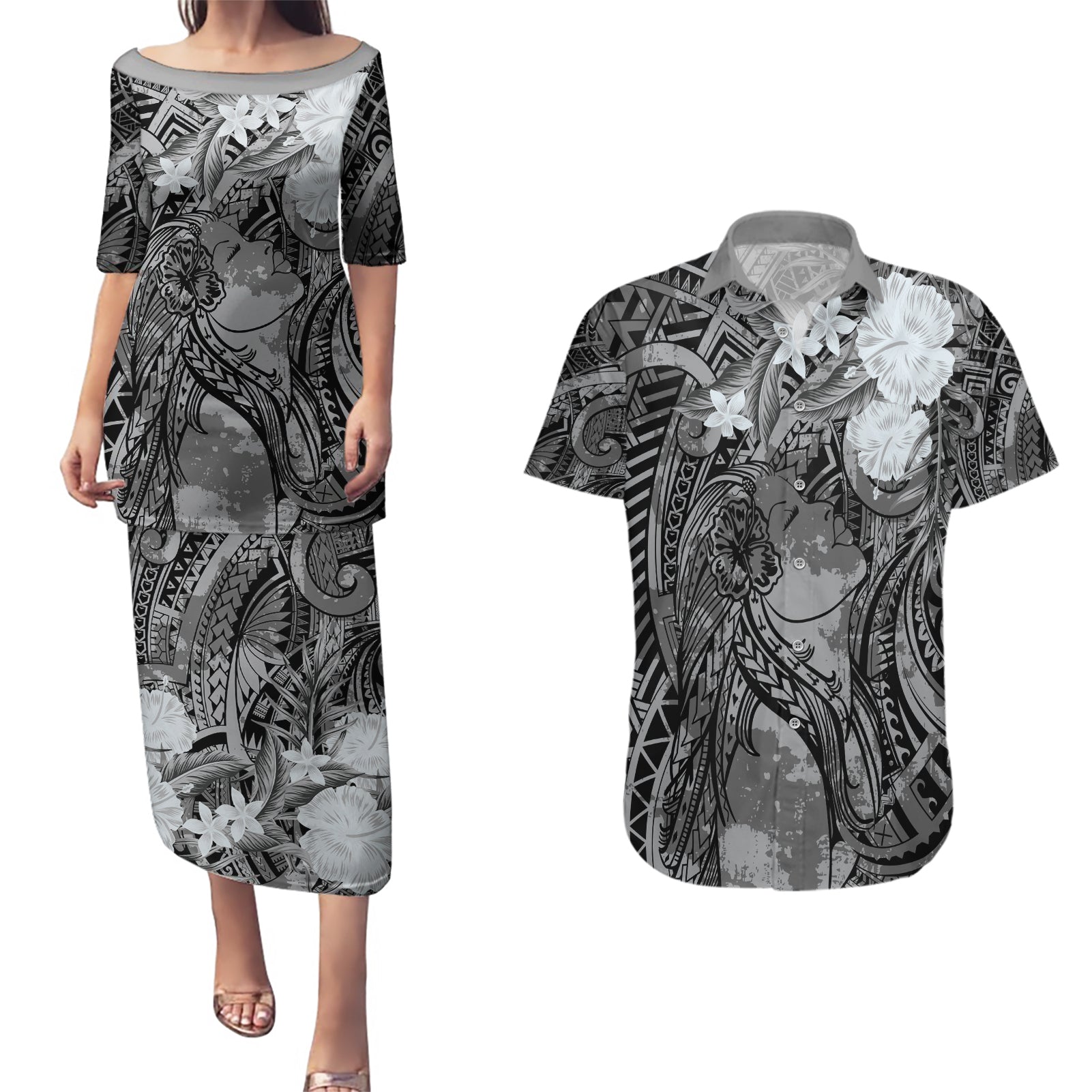 Pacific Beauty Girl Couples Matching Puletasi and Hawaiian Shirt Black Polyneisan Tribal Vintage Motif