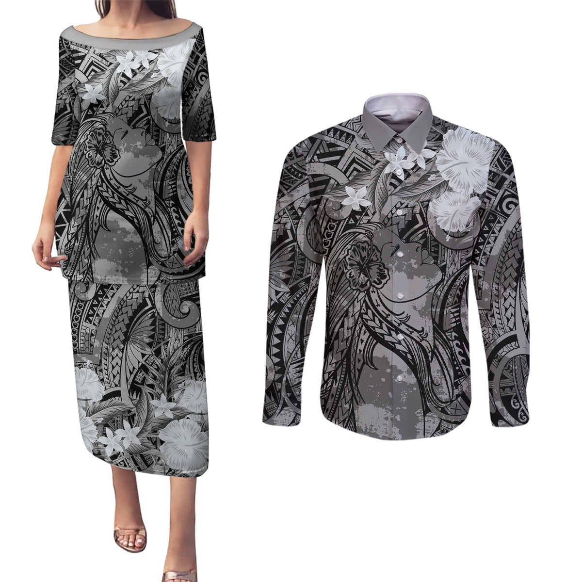 Pacific Beauty Girl Couples Matching Puletasi and Long Sleeve Button Shirt Black Polyneisan Tribal Vintage Motif
